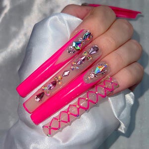 XXXL Square Bad Baddie Bling Press On Nails | Glue On Nails | Swarovski Nails | Festive Nails | Fun Nails | Luxury Nails | Bling Nails Pink