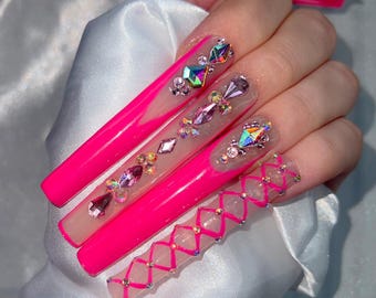 XXXL Square Bad Baddie Bling Press On Nails | Glue On Nails | Swarovski Nails | Festive Nails | Fun Nails | Luxury Nails | Bling Nails Pink