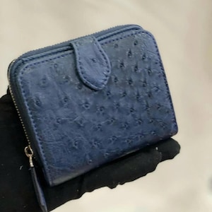 Handmade Navy blue Ostrich Leather Bifold Wallet: Women's Card & Money Clip