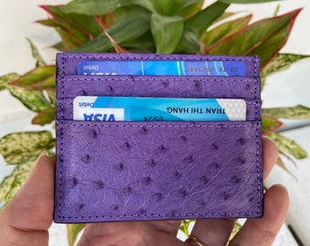Tarjeta de crédito de piel de avestruz genuina púrpura, billetera para hombres, regalo para él, estuches de tarjetas de avestruz de cuero, cubierta de tarjeta de avestruz de cuero