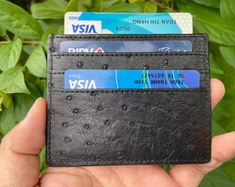 Portatarjetas de crédito de piel de avestruz genuina negra, billetera para hombres, regalo para él, estuches de tarjetas de avestruz de cuero, cubierta de tarjeta de avestruz de cuero