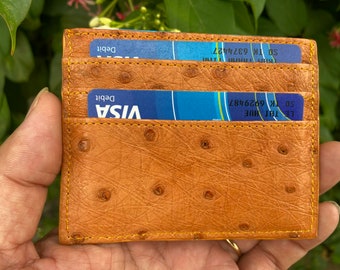 Tarjeta de crédito de piel de avestruz genuina naranja, billetera para hombres, regalo para él, estuches de cuero para avestruces, cubierta de tarjeta de avestruz de cuero