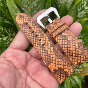 May include: Orange and brown watch strap with a snakeskin pattern. The strap has a silver-coloured buckle and is made of a textured material. The watch strap is approximately 23 cm long.
