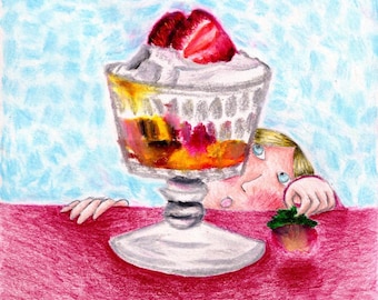 Girl with Dessert Pastel and Watercolour Pencil Art Print