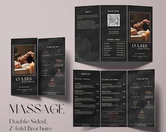 May include: A double-sided, Z-fold brochure for Oasis Massage Therapy. The brochure is black with gold text and graphics. The front panel features the word "MASSAGE" and the business name. Inside, it lists services, aftercare tips, and opening hours.