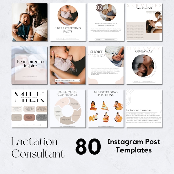 80 Instagram Post Templates for Lactation Consultant I Breastfeeding Instagram Content I Breastfeeding Instagram Post I Social Media