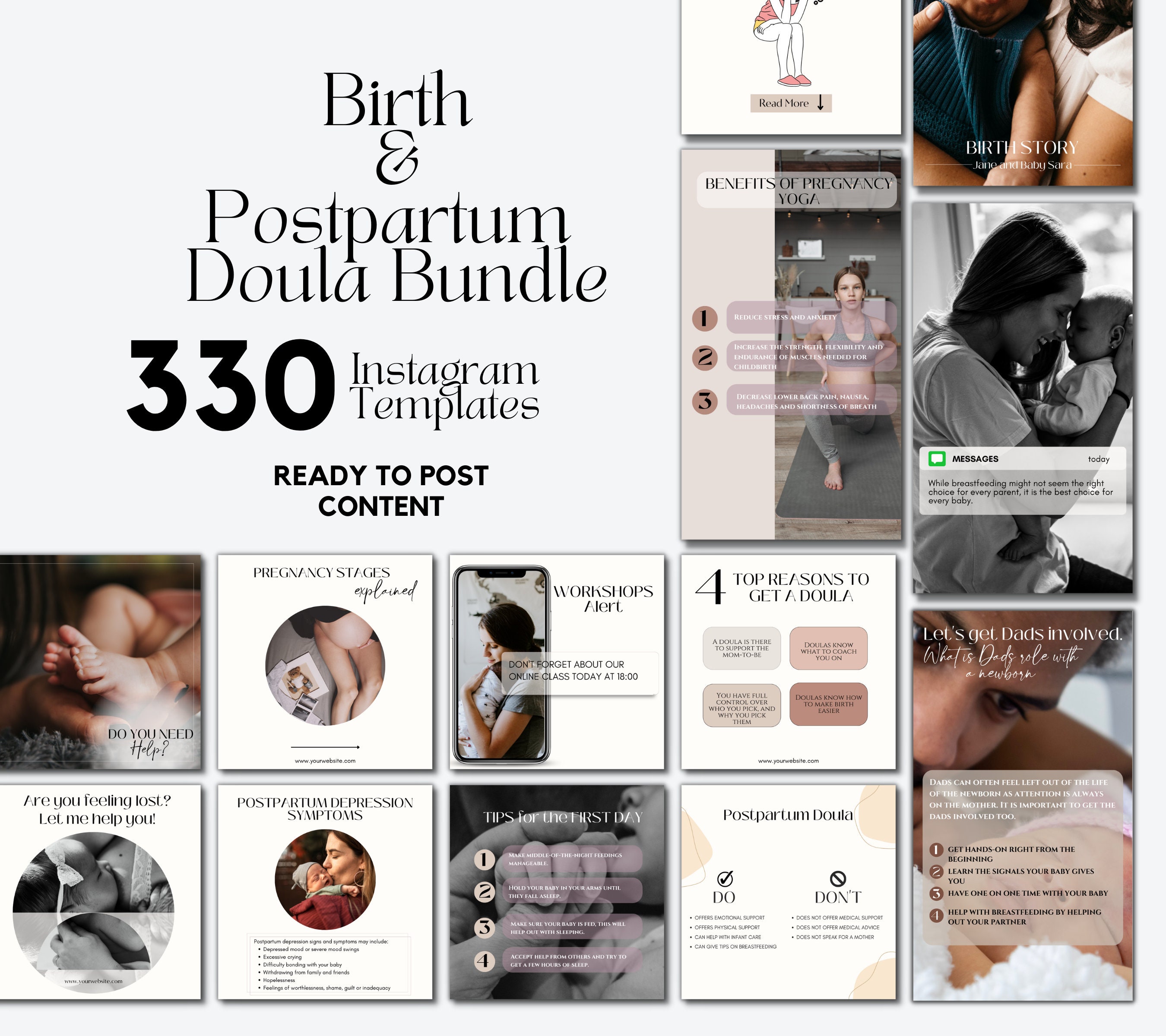 Birth and Postpartum Doula Instagram Template Bundle I 330 Templates Bundle I Birth Doula I Birth Worker I Birth School I Postpartum Support