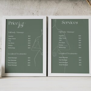 May include: Two white framed posters with a green background and white text listing massage services and prices. The text on the left poster reads "Price List" and the text on the right poster reads "Services".