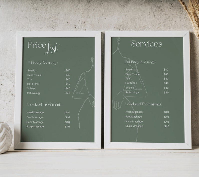 May include: Two white framed posters with a green background and white text listing massage services and prices. The text on the left poster reads "Price List" and the text on the right poster reads "Services".
