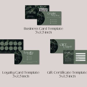 May include: A set of three business card templates featuring a green and white color scheme with a stylized line drawing of a person. The templates are for a massage therapy business called "Oasis Massage Therapy". The templates include a business card, a loyalty card, and a gift certificate.