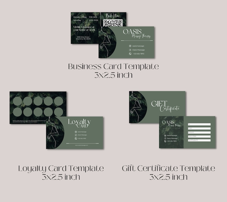 May include: A set of three business card templates featuring a green and white color scheme with a stylized line drawing of a person. The templates are for a massage therapy business called "Oasis Massage Therapy". The templates include a business card, a loyalty card, and a gift certificate.