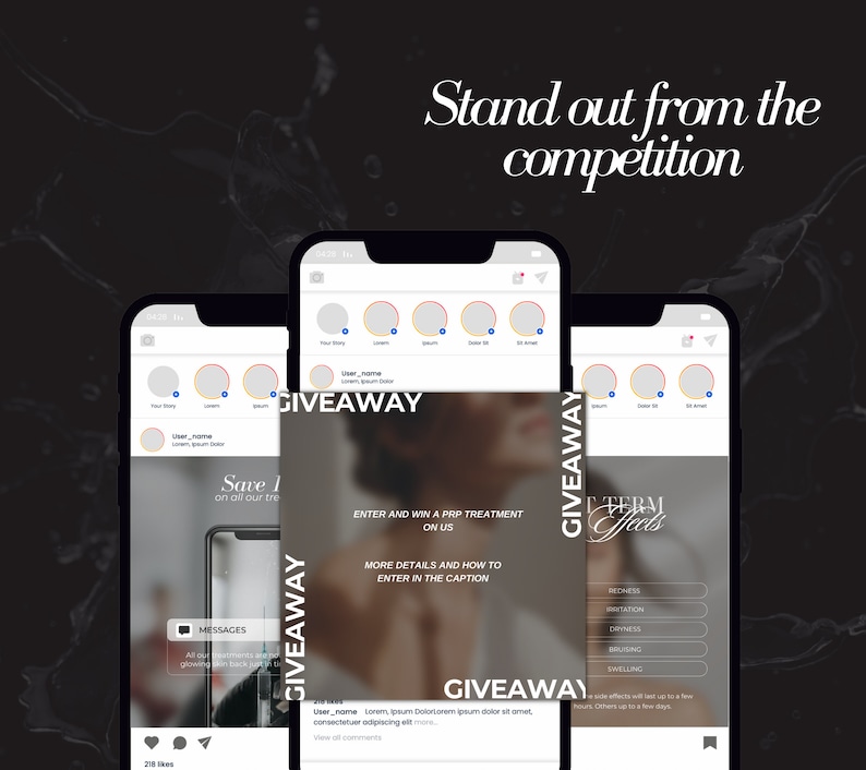 May include: A mobile phone screen showing a social media post for a giveaway. The post features a photo of a woman's face and the text "Enter and win a PRP treatment on us." The post also includes the text "GIVEAWAY" and "More details and how to enter in the caption".