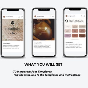 K&ouml;nnte beinhalten: Drei Telefon-Bildschirm-Mockups, die Instagram-Post-Vorlagen f&uuml;r werdende M&uuml;tter zeigen. Der erste Beitrag zeigt eine entspannende Playlist f&uuml;r werdende M&uuml;tter. Der zweite Beitrag zeigt eine Kundenbewertung. Der dritte Beitrag zeigt eine Liste von 9 Dingen, die in eine Krankenhaustasche gepackt werden sollten. Der Text auf dem Bild lautet "Was Sie erhalten - 70 Instagram-Post-Vorlagen - PDF-Datei mit Link zu den Vorlagen und Anweisungen."