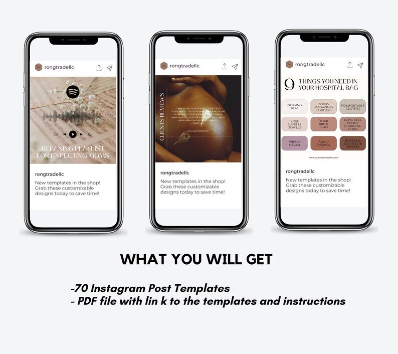 K&ouml;nnte beinhalten: Drei Telefon-Bildschirm-Mockups, die Instagram-Post-Vorlagen f&uuml;r werdende M&uuml;tter zeigen. Der erste Beitrag zeigt eine entspannende Playlist f&uuml;r werdende M&uuml;tter. Der zweite Beitrag zeigt eine Kundenbewertung. Der dritte Beitrag zeigt eine Liste von 9 Dingen, die in eine Krankenhaustasche gepackt werden sollten. Der Text auf dem Bild lautet "Was Sie erhalten - 70 Instagram-Post-Vorlagen - PDF-Datei mit Link zu den Vorlagen und Anweisungen."