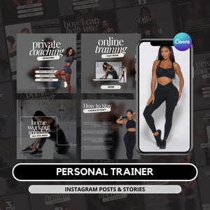 May include: A collage of images promoting personal training services. The images feature a woman in black workout clothes, a phone screen displaying a workout schedule, and text that reads "private coaching", "online training", "home workout schedule", and "How to Stay Consistent".
