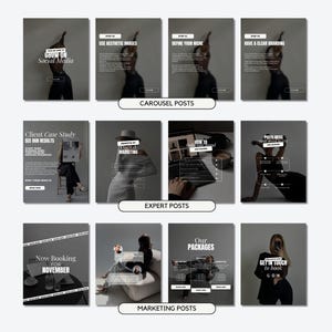 K&ouml;nnte beinhalten: Eine Sammlung von Social-Media-Marketing-Grafiken mit Text&uuml;berlagerungen. Die Grafiken sind in Kategorien unterteilt: Carousel-Posts, Experten-Posts und Marketing-Posts. Jede Grafik zeigt ein verschwommenes Bild einer Person und Text wie "Grow on Social Media" und "Now Booking for November".