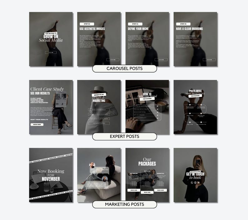 K&ouml;nnte beinhalten: Eine Sammlung von Social-Media-Marketing-Grafiken mit Text&uuml;berlagerungen. Die Grafiken sind in Kategorien unterteilt: Carousel-Posts, Experten-Posts und Marketing-Posts. Jede Grafik zeigt ein verschwommenes Bild einer Person und Text wie "Grow on Social Media" und "Now Booking for November".
