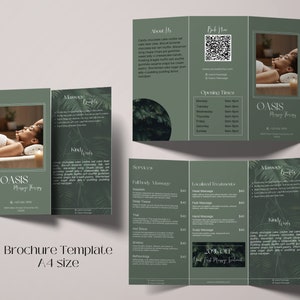 May include: A green tri-fold brochure for Oasis Massage Therapy. The front cover features a woman relaxing on a massage table. The brochure includes information about services, prices, and contact information. The brochure also includes a 20% off discount for the first massage treatment.