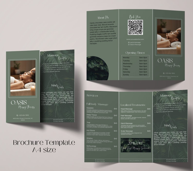 May include: A green tri-fold brochure for Oasis Massage Therapy. The front cover features a woman relaxing on a massage table. The brochure includes information about services, prices, and contact information. The brochure also includes a 20% off discount for the first massage treatment.
