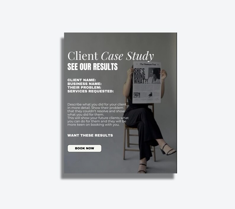 K&ouml;nnte beinhalten: Eine Werbegrafik mit dem Text "Client Case Study SEE OUR RESULTS". Das Bild zeigt eine Person, die eine Zeitung mit der &Uuml;berschrift "SHE'S DOING WHAT?!" h&auml;lt, sowie einen "BOOK NOW"-Button.