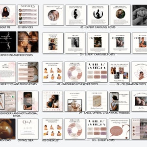 K&ouml;nnte beinhalten: Eine Sammlung von Social-Media-Post-Vorlagen f&uuml;r ein Doula-Unternehmen. Die Vorlagen behandeln eine Vielzahl von Themen, darunter Schwangerschaftsphasen, Stillpositionen, Tipps f&uuml;r die Wehen und vieles mehr. Die Vorlagen sind im minimalistischen Stil mit einem rosa-wei&szlig;en Farbschema gestaltet.
