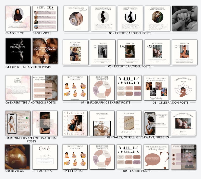 K&ouml;nnte beinhalten: Eine Sammlung von Social-Media-Post-Vorlagen f&uuml;r ein Doula-Unternehmen. Die Vorlagen behandeln eine Vielzahl von Themen, darunter Schwangerschaftsphasen, Stillpositionen, Tipps f&uuml;r die Wehen und vieles mehr. Die Vorlagen sind im minimalistischen Stil mit einem rosa-wei&szlig;en Farbschema gestaltet.