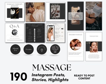 May include: A collection of 190 digital social media templates for massage therapy, featuring various layouts for posts, stories, and highlights. The designs include text overlays like Massage Therapy Benefits, Q&A, Sale, and Manage Pain, with imagery of massage sessions, skincare routines, and wellness icons.