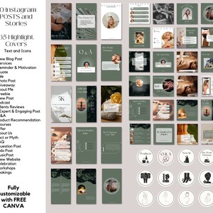 May include: A collection of 70 Instagram post and story templates and 65 highlight covers for a spa or massage business. The templates feature a green and white color scheme with text overlays and icons. The text includes phrases like "Hot Stone Massage", "Q&A", "New In", "Giveaway", "Services", "Checklists", "5K", "Be Inspired to Inspire", and "After Massage Care Tips".