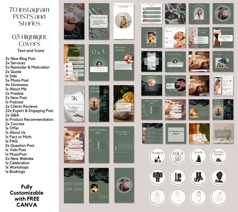 May include: A collection of 70 Instagram post and story templates and 65 highlight covers for a spa or massage business. The templates feature a green and white color scheme with text overlays and icons. The text includes phrases like "Hot Stone Massage", "Q&A", "New In", "Giveaway", "Services", "Checklists", "5K", "Be Inspired to Inspire", and "After Massage Care Tips".