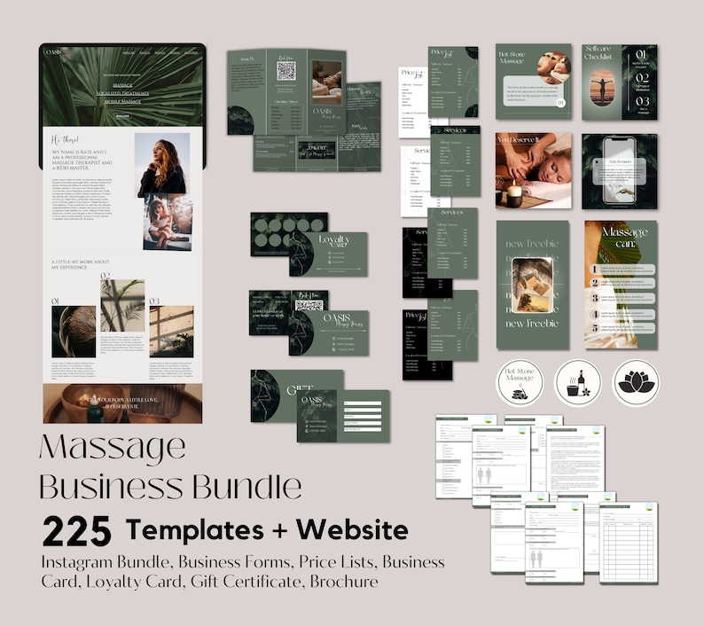 May include: A green and white digital marketing template bundle for a massage business. The bundle includes 225 templates and a website. The templates include Instagram posts, business forms, price lists, business cards, loyalty cards, gift certificates, and brochures.