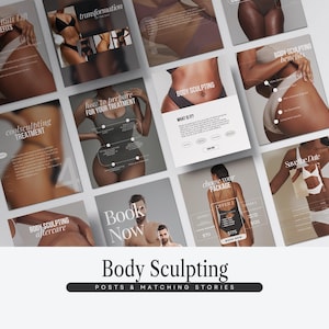 Puede incluir: Un conjunto de publicaciones e historias en redes sociales con el tema del body sculpting. Las imágenes presentan tratamientos de contorno corporal, fotos de antes y después y ofertas promocionales. El texto incluye frases como "vacuum butt lift", "coolsculpting treatment" y "book now".