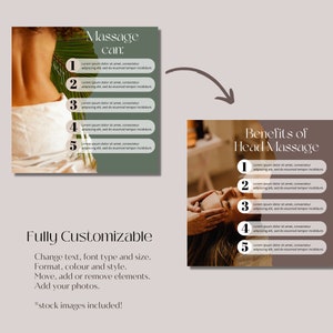 May include: Two Instagram post templates for a massage business. The left template features a woman getting a back massage with a green background and the text "Massage can:" with five bullet points. The right template features a woman getting a head massage with a brown background and the text "Benefits of Head Massage" with five bullet points. Both templates have a white background with the text "Fully Customizable" and "*stock images included!"