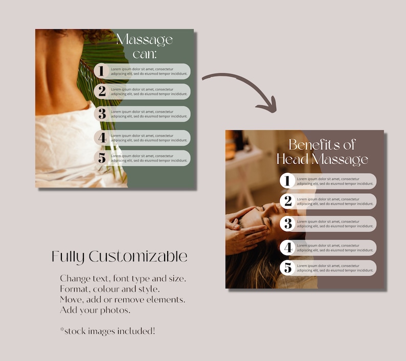 May include: Two Instagram post templates for a massage business. The left template features a woman getting a back massage with a green background and the text "Massage can:" with five bullet points. The right template features a woman getting a head massage with a brown background and the text "Benefits of Head Massage" with five bullet points. Both templates have a white background with the text "Fully Customizable" and "*stock images included!"