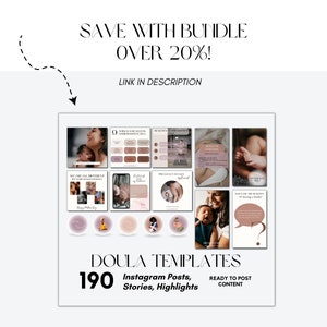 K&ouml;nnte beinhalten: Eine Collage aus 190 Instagram-Post-, Story- und Highlight-Vorlagen f&uuml;r Doulas. Die Vorlagen zeigen eine Vielzahl von Bildern und Texten rund um Schwangerschaft, Geburt und Wochenbettbetreuung. Der Text auf dem Bild lautet "Doula Templates 190 Instagram Posts, Stories, Highlights Ready to Post Content".