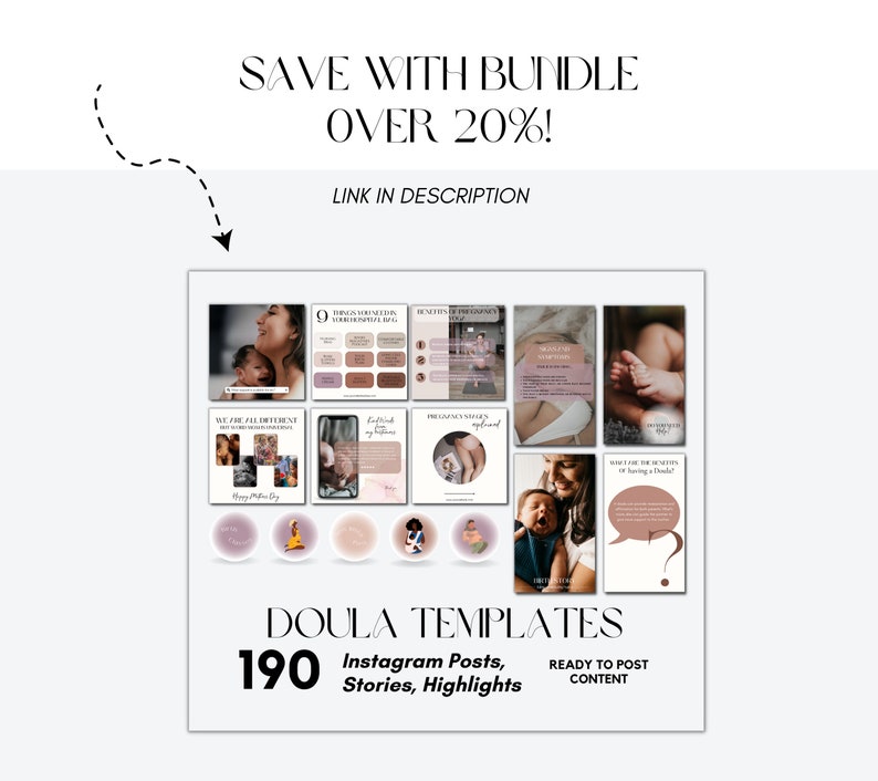 K&ouml;nnte beinhalten: Eine Collage aus 190 Instagram-Post-, Story- und Highlight-Vorlagen f&uuml;r Doulas. Die Vorlagen zeigen eine Vielzahl von Bildern und Texten rund um Schwangerschaft, Geburt und Wochenbettbetreuung. Der Text auf dem Bild lautet "Doula Templates 190 Instagram Posts, Stories, Highlights Ready to Post Content".