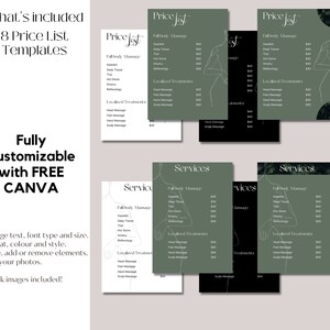 May include: Eight customizable price list templates for massage services. The templates feature a green and black color scheme with a minimalist design. The text includes "Price List", "Full Body Massage", "Swedish", "Deep Tissue", "Thai", "Hot Stone", "Reflexology", "Localized Treatments", "Head Massage", "Foot Massage", "Hand Massage", "Scalp Massage", and prices for each service.