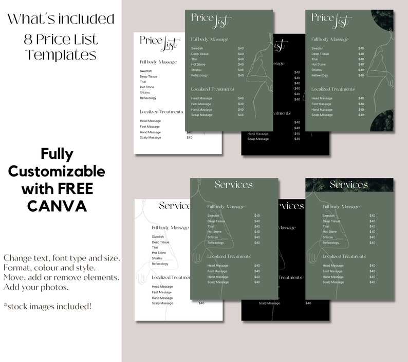 May include: Eight customizable price list templates for massage services. The templates feature a green and black color scheme with a minimalist design. The text includes "Price List", "Full Body Massage", "Swedish", "Deep Tissue", "Thai", "Hot Stone", "Reflexology", "Localized Treatments", "Head Massage", "Foot Massage", "Hand Massage", "Scalp Massage", and prices for each service.