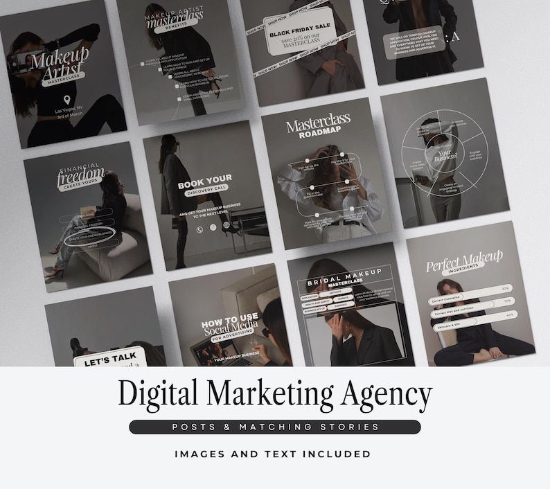K&ouml;nnte beinhalten: Eine Sammlung von Social-Media-Beitr&auml;gen und passenden Stories f&uuml;r eine Digital-Marketing-Agentur. Die Beitr&auml;ge zeigen Bilder mit Text&uuml;berlagerungen, darunter S&auml;tze wie "Makeup Artist", "Financial Freedom" und "Perfect Makeup". Das Farbschema ist &uuml;berwiegend grau.