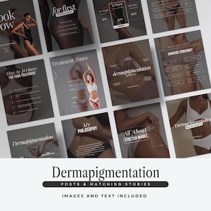 May include: A collection of social media posts and stories about dermapigmentation. The images include text such as "Book Now", "for first", "Treatment Zones", and "All About Stretch Marks". The overall theme is related to skincare and body treatments.