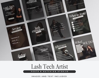 May include: A collection of social media posts and stories for a Lash Tech Artist. The images feature text about lash courses, services, and aftercare. The color scheme is primarily black and white with images of women.