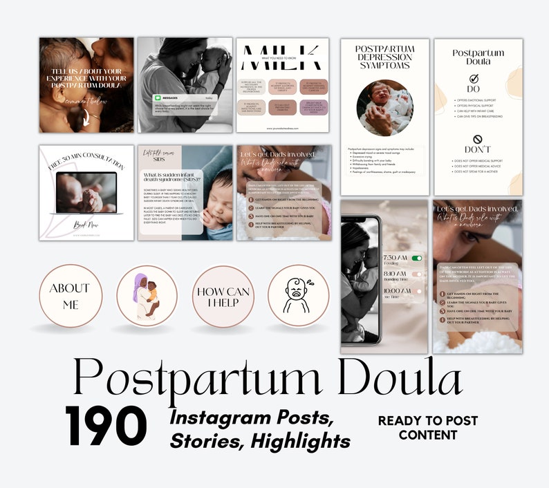 Postpartum Doula Instagram Templates, Birth Worker: Posts, Stories, Highlights (Digital Download) image 1