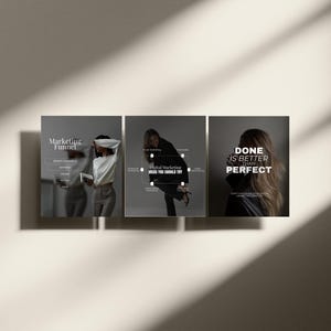 K&ouml;nnte beinhalten: Dreiteilige Grafik mit Text &uuml;ber Marketing und digitale Strategien. Das erste Panel sagt "Marketing Funnel" mit Schritten. Das zweite Panel sagt "Digital Marketing Ideas You Should Try". Das dritte Panel sagt "Done is Better Than Perfect".