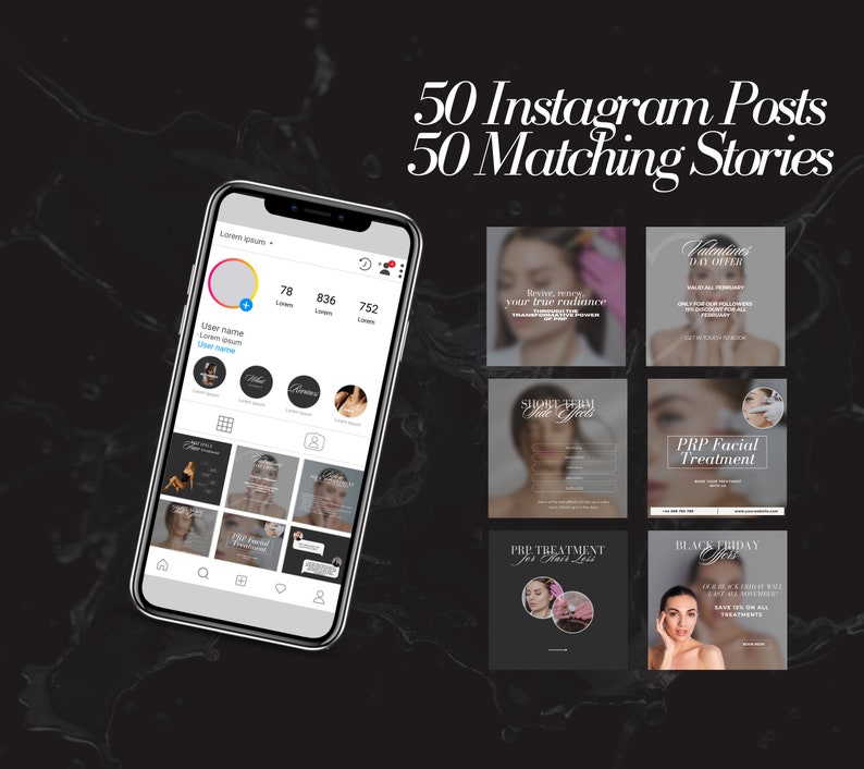 May include: A mockup of a mobile phone screen displaying a social media profile with a grid of images promoting beauty treatments. The images feature text such as "PRP Facial Treatment", "Pre Treatment", and "Valentine's Day Offer".