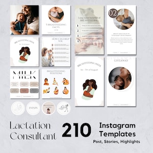 210 Lactation Consultant Instagram Templates: 80 Posts, 80 Stories, 50 Highlights | Birth Worker Social Media Instagram Templates