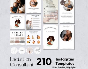 210 Lactation Consultant Instagram Templates: 80 Posts, 80 Stories, 50 Highlights | Birth Worker Social Media Instagram Templates