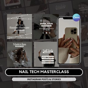 May include: A set of Instagram posts and stories advertising a nail tech masterclass. The images display text overlays such as "Russian Manicure Masterclass," "Book Your Discovery Call," and "Nail Tech Masterclass." The design uses a neutral colour scheme, focusing on beauty and business.