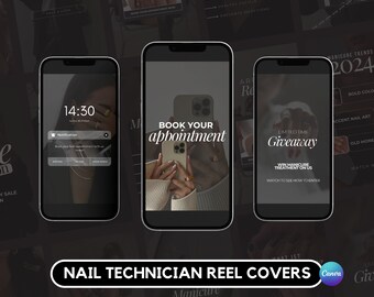 Op de afbeelding: Een verzameling Instagram-reelcovers voor een nagelstyliste. De covers bevatten afbeeldingen van manicures, een telefoonscherm met een melding om een afspraak te maken en een aankondiging van een giveaway.