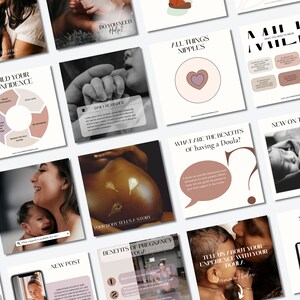 K&ouml;nnte beinhalten: Eine Collage von Bildern rund um Schwangerschaft, Geburt und Wochenbett. Die Bilder zeigen einen schwangeren Bauch, ein Baby, das gehalten wird, eine stillende Mutter und Text &uuml;ber Doulas, Stillen und Schwangerschaftsyoga.