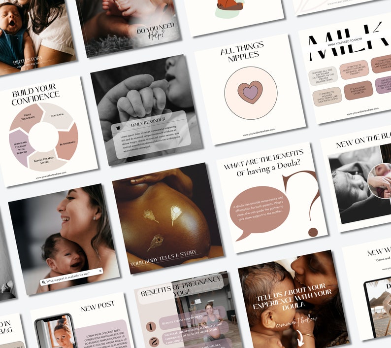 K&ouml;nnte beinhalten: Eine Collage von Bildern rund um Schwangerschaft, Geburt und Wochenbett. Die Bilder zeigen einen schwangeren Bauch, ein Baby, das gehalten wird, eine stillende Mutter und Text &uuml;ber Doulas, Stillen und Schwangerschaftsyoga.