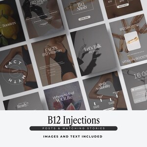 May include: A set of social media posts and stories about B12 injections. The images contain text and graphics, including lemons, needles, and body parts. The text includes phrases like "B12 Shots," "Vitamin Boosters," and "April's Availability."